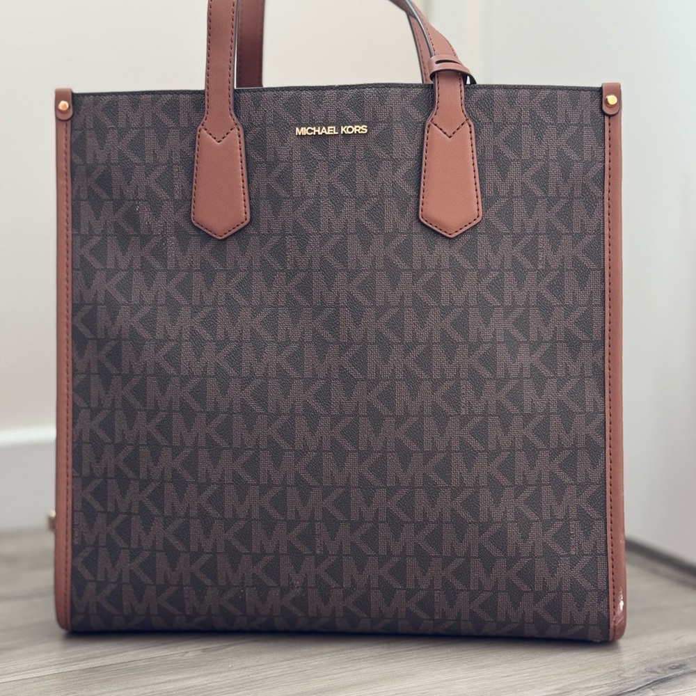 Michael Kors Brown MK Logo Messenger Tote with Tan Trim